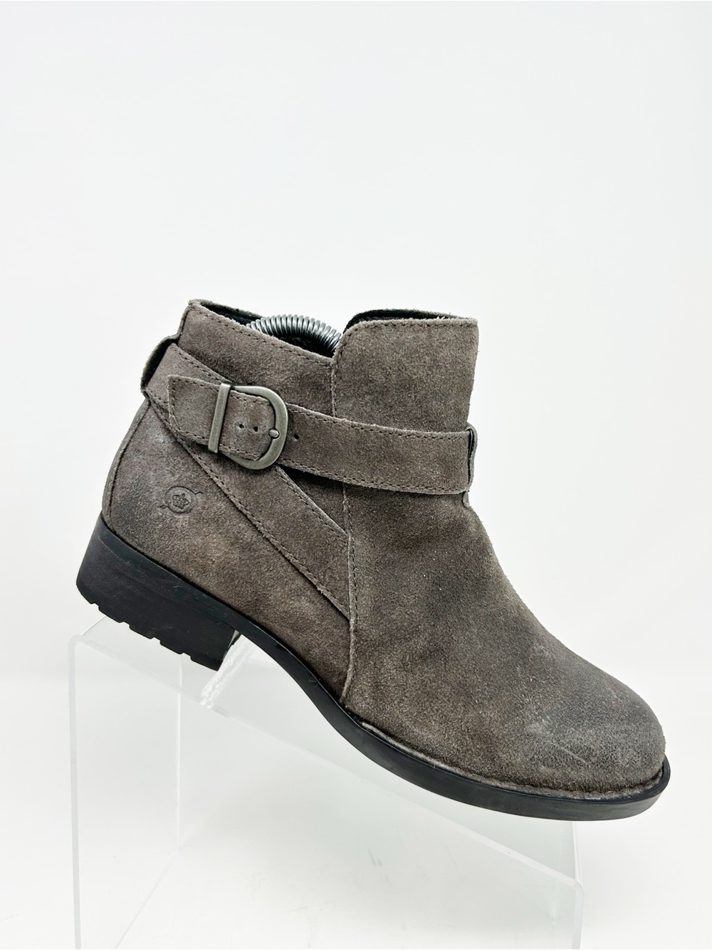 Born Jorgette Womens Gray Suede Ankle Booties Side Zip Buckle Block Heel Size 8